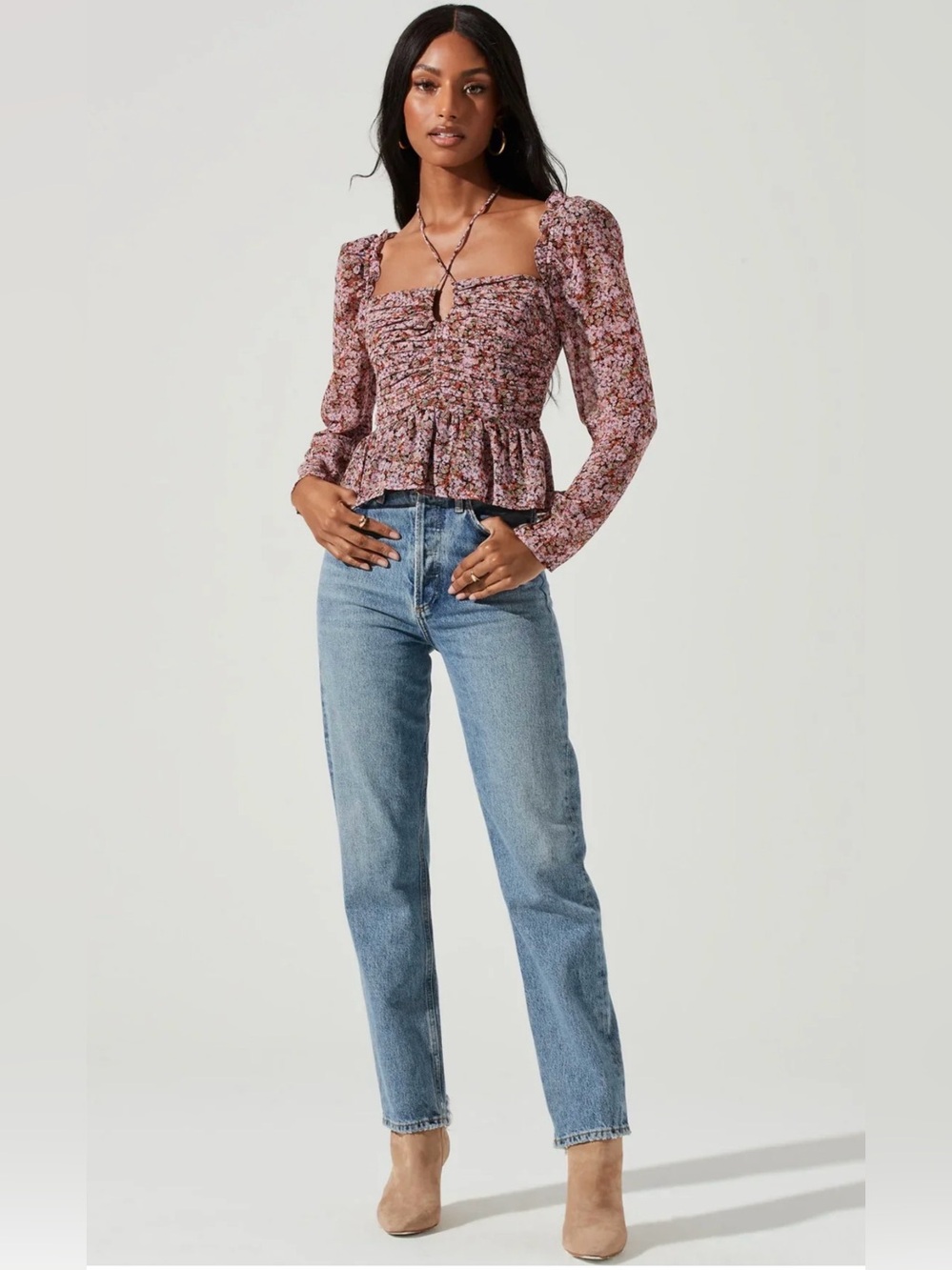 Astr Smocked Peplum Blouse in Mauve Floral
